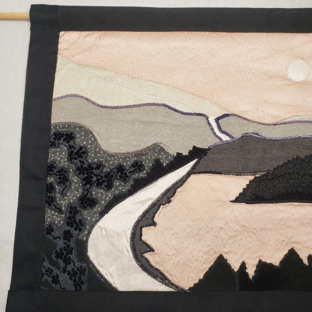 Original Quilt Art Scenic Landscape Wall Tapestry Black, Cream, Pink 14